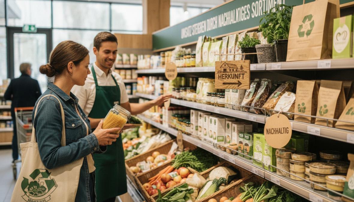 Lebensmittelhändlerin erklärt einer Kundin am Regal regionale Produkte mit Bio-Siegeln, um den Umsatz steigern durch nachh...