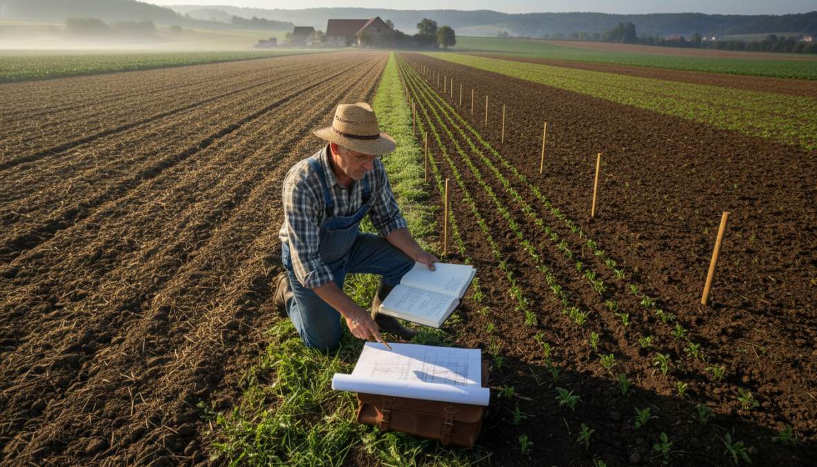 Landwirt mit Notizbuch auf einem Feld bei der Umstellung Bio Sortiment im sanften Licht des frühen Morgens.