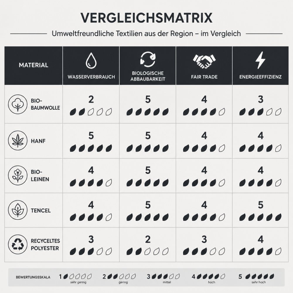 Vergleichsmatrix mit fünf Materialien (Bio-Baumwolle, Hanf, Bio-Leinen, Tencel, recyceltes Polyester) gegen vier Kriterien (Wasserverbrauch, biologische Abbaubarkeit, Fair Trade, Energieeffizienz) auf einer Bewertungsskala von 1 bis 5