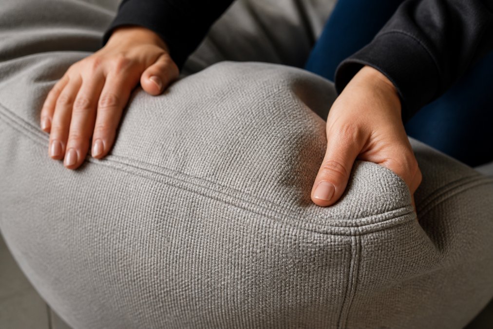 Close-up of premium pouf fabric showing dense stitching and high-quality material texture with hands touching the surface to demonstrate durability and construction quality