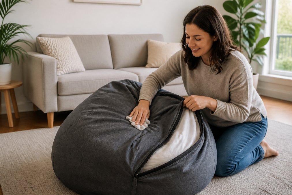 Person removing and cleaning a pouf cover in bright home setting, demonstrating the ease of maintenance with the cover being wiped clean and showing the removable design