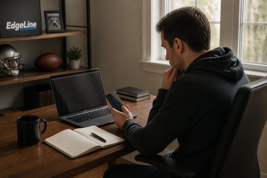 A sports bettor reviewing NFL odds and analytics on a laptop and smartphone in a home office, with a notebook and coffee nearby