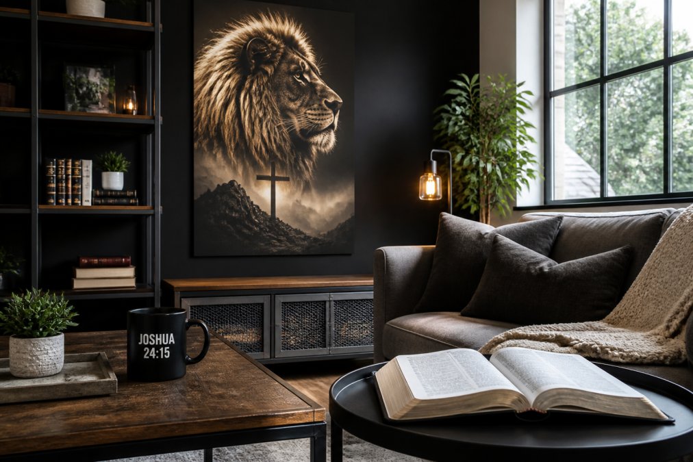 A cozy living room with a large Lion of Judah poster on a matte black wall, a Joshua 24:15 mug on a coffee table, and a Bible open on a side table, warm natural light