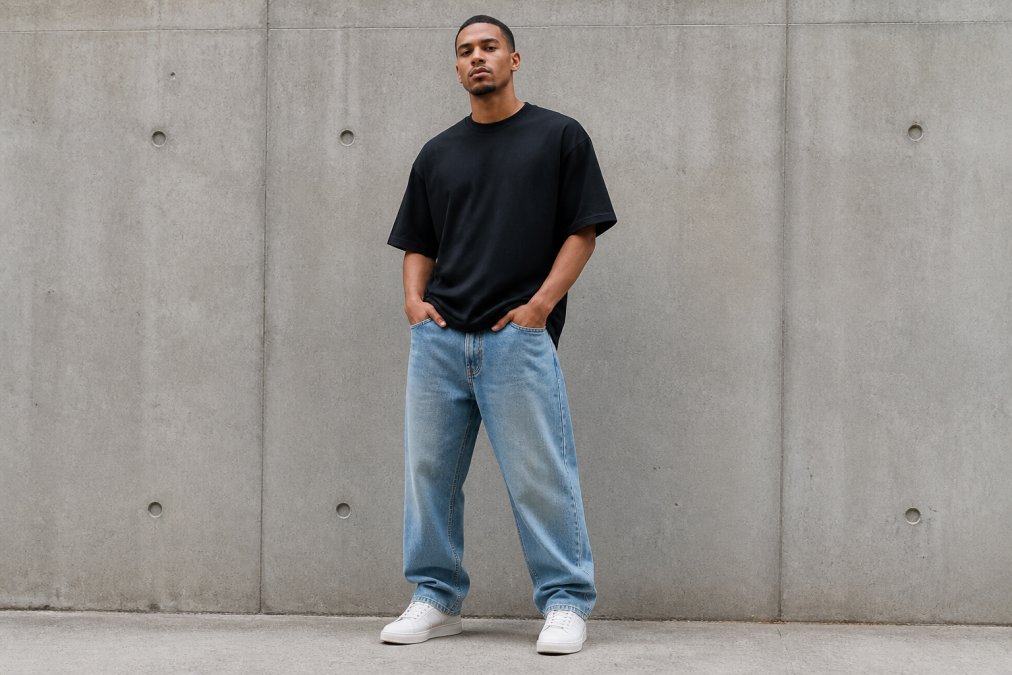A young adult in a structured heavyweight t-shirt and relaxed-fit jeans standing confidently against a plain concrete wall, natural daylight, full-body shot showing the drape of the fabric