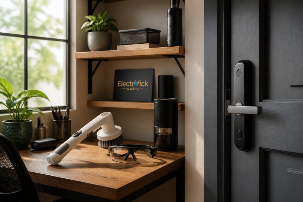 Modern home workspace with curated tech gadgets including a cordless spin scrubber, smart biometric lock on a door frame, AI-enabled glasses on a desk, and an electric coffee grinder arranged on wooden shelves with warm natural lighting filtering through a window