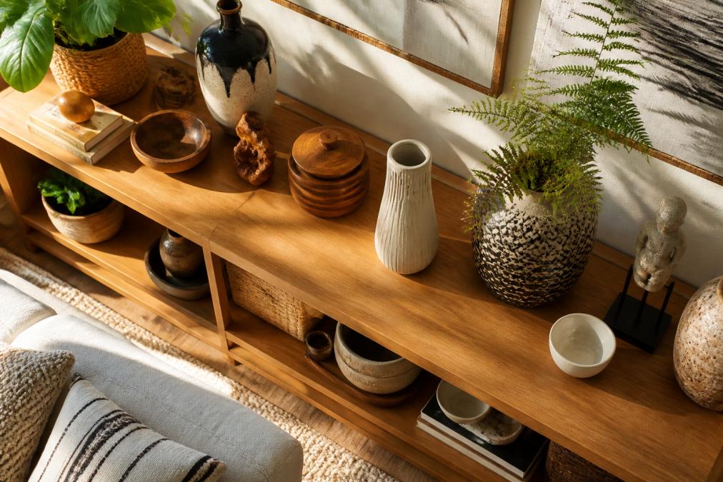 Overhead shot of a modern living room shelf displaying artisan home decor items, ceramic vases, handcrafted bowls, and wooden accents with warm natural afternoon lighting streaming through a window