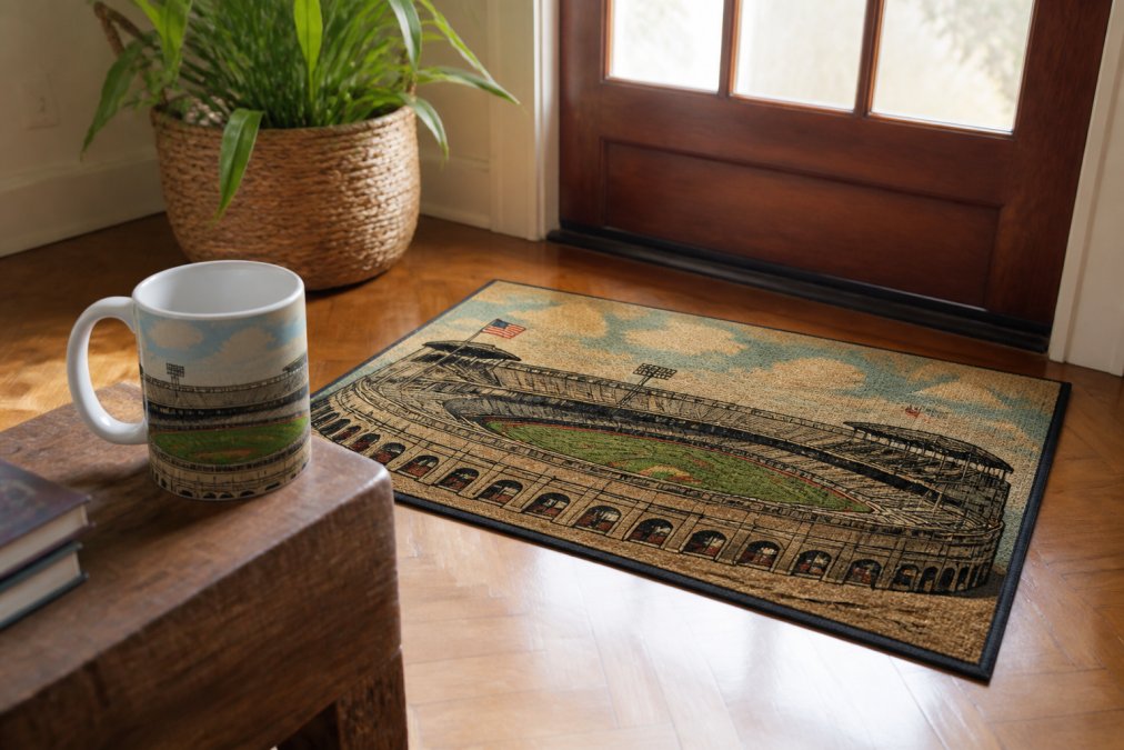 A vintage baseball doormat and ceramic mug with 1960s stadium artwork displayed together in a home entryway with warm wooden flooring and soft afternoon light coming through a window, showing how memorabilia pieces work in real living spaces