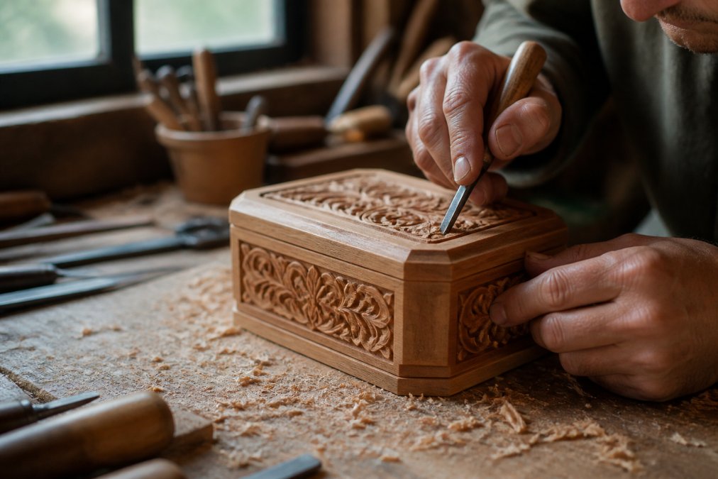 Close-up of artisan hands carefully carving intricate details into a wooden jewelry box on a workbench, with natural window light illuminating the craftsmanship and wood shavings