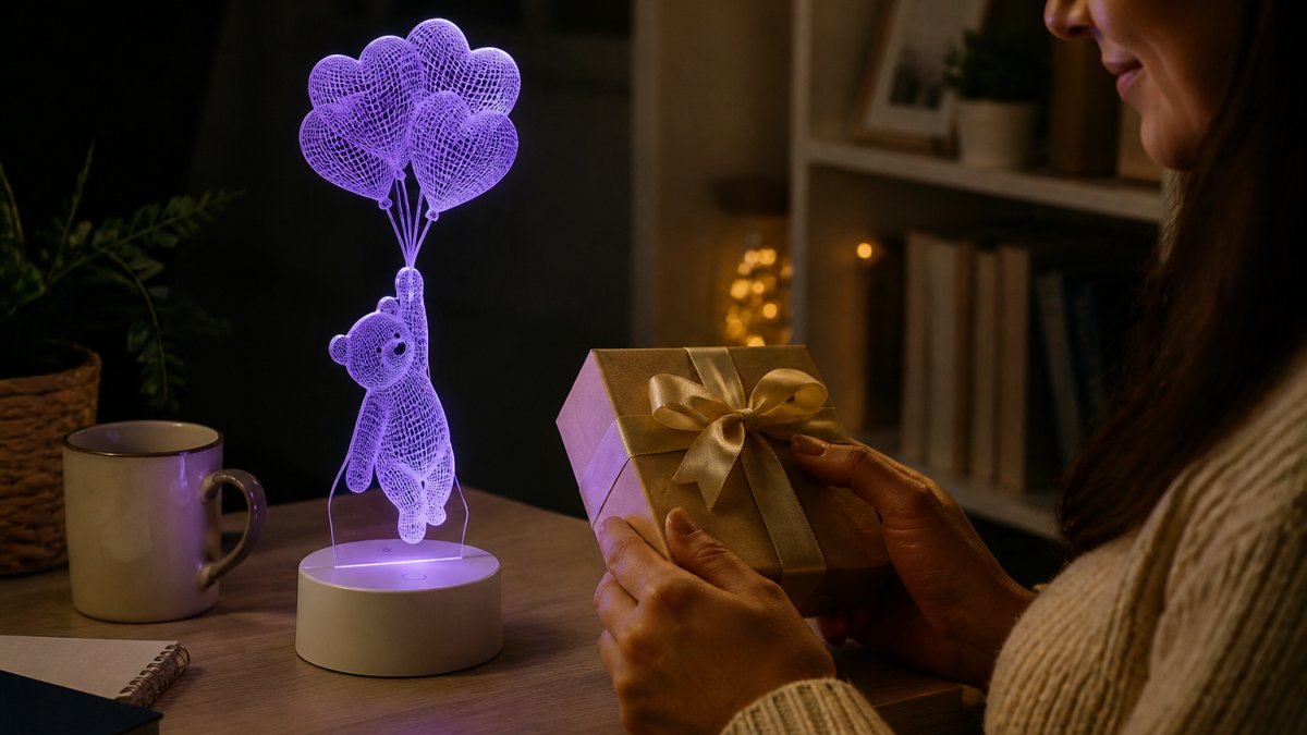 A person holding a small gift box next to a glowing Creative 3D Gift Lamp on a tidy desk, with the 7-color acrylic panel lit in a dim room, conveying a memorable, unusual present