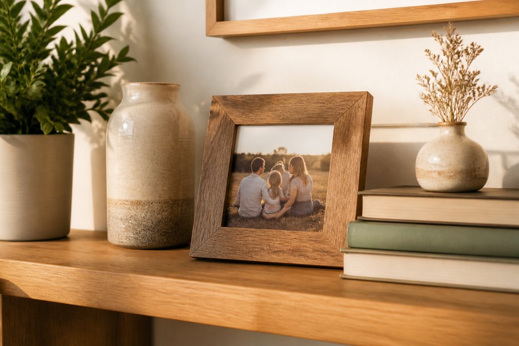 Sunlit bedroom shelf displaying a carefully curated collection of personalized home decor items including an engraved wooden frame with a family photo, custom ceramic vase, and decorative books arranged with intentional spacing and warm lighting