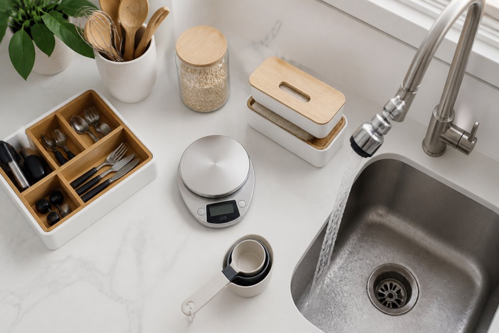 Overhead shot of innovative kitchen gadgets and home organization tools arranged on a clean countertop, showing a rotatable faucet extender, digital measuring scale, and multi-functional storage solutions in natural daylight