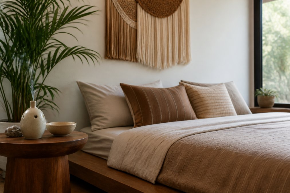 A sunlit living room with a low platform bed dressed in hand-dyed neutral textiles, a ceramic incense burner on a walnut side table, and woven wall art above the headboard