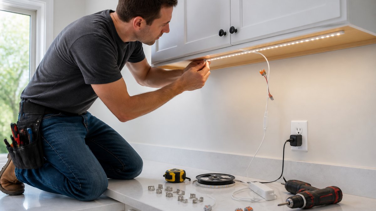 A homeowner kneeling on a kitchen counter installing LED strip lights under a white shaker cabinet, with mounting clips and wire connectors visible, natural daylight coming through a window