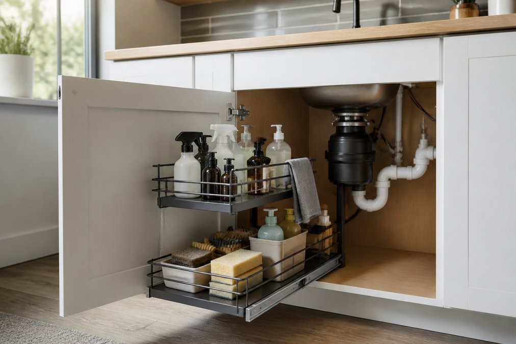 Two-tier metal pull-out organizer holding cleaning supplies inside a modern kitchen under-sink cabinet