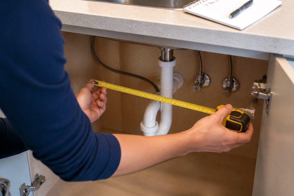 Close-up of hands using a measuring tape inside an under-sink cabinet with visible drain pipes, P-trap, and shutoff valves, with a notepad and pen on the counter above