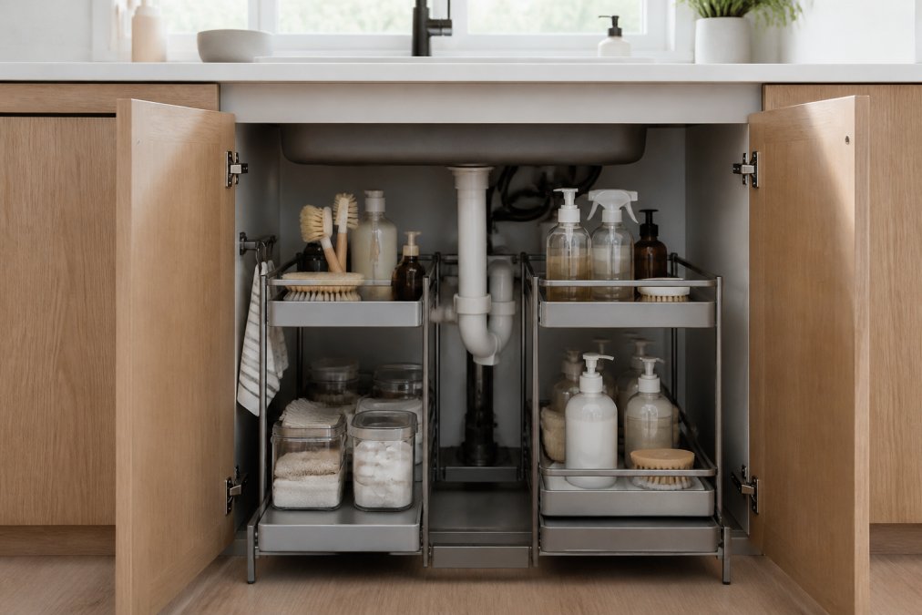 A neatly organized under-sink cabinet interior with a Sinkelle metal-frame organizer, cleaning supplies arranged in clear containers on pull-out shelves, minimalist Scandinavian design aesthetic, natural lighting from above