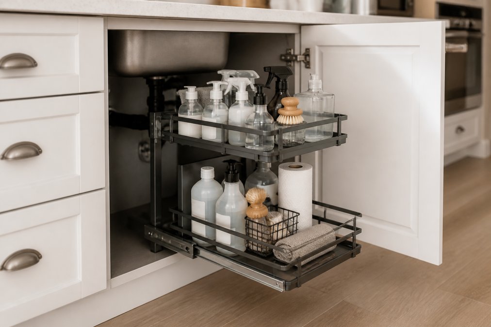Modern kitchen sink area with a sleek two-tier metal pull-out organizer installed beneath the sink, showing cleaning supplies neatly arranged on sliding shelves with clear visibility and accessibility
