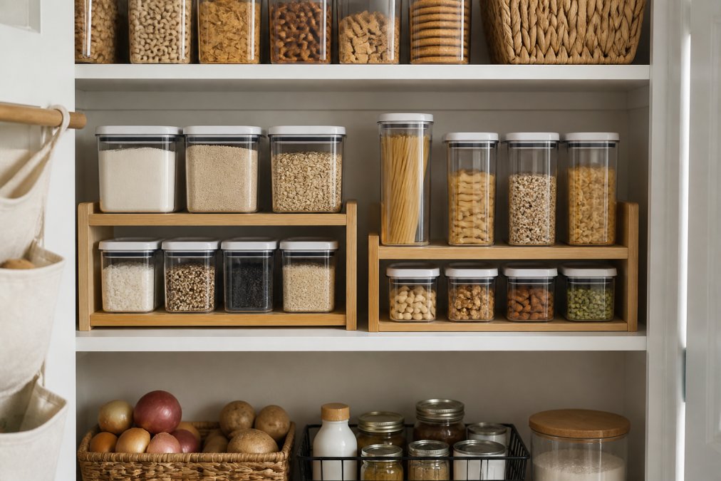 Organized pantry shelf displaying stackable clear storage containers with airtight seals, bamboo two-tier organizers, and labeled items arranged vertically, showing organized dry goods and kitchen essentials with clear visibility