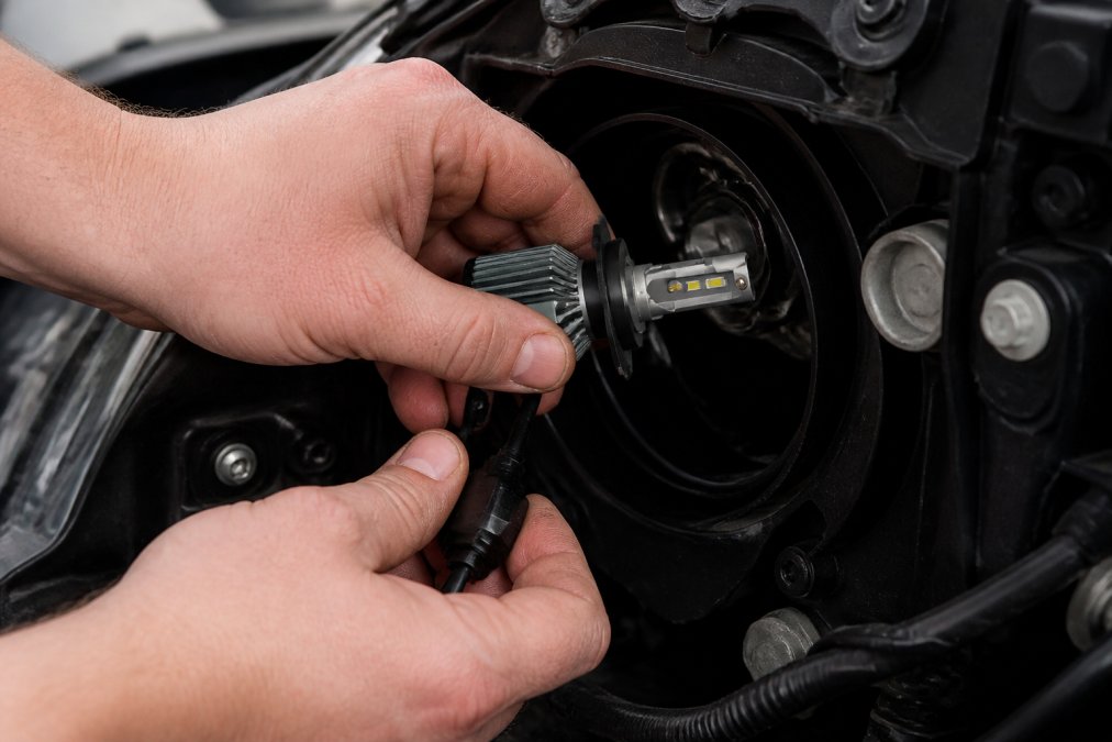 Car owner installing an LED headlight bulb into a vehicle's headlight housing, showing the connector being inserted with precision into the socket under the hood