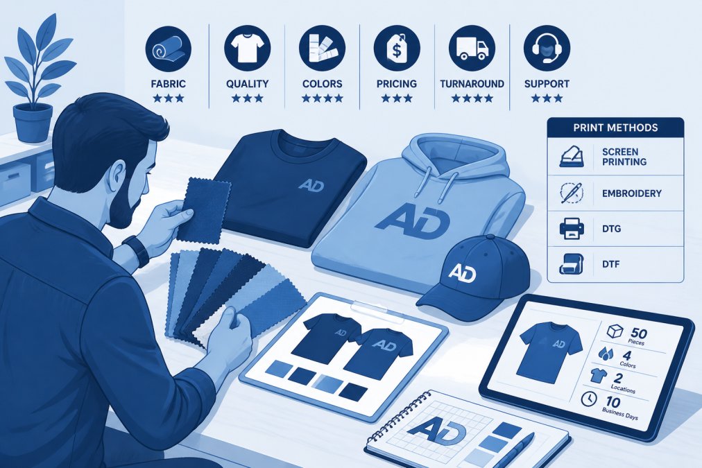 Small business owner examining fabric swatches and reviewing custom apparel samples on a worktable, with design mockups and a tablet showing product specifications nearby