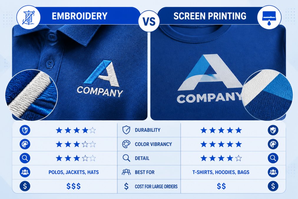Close-up of embroidered and screen-printed apparel samples displayed side by side, showing different print techniques and color quality on professional business wear