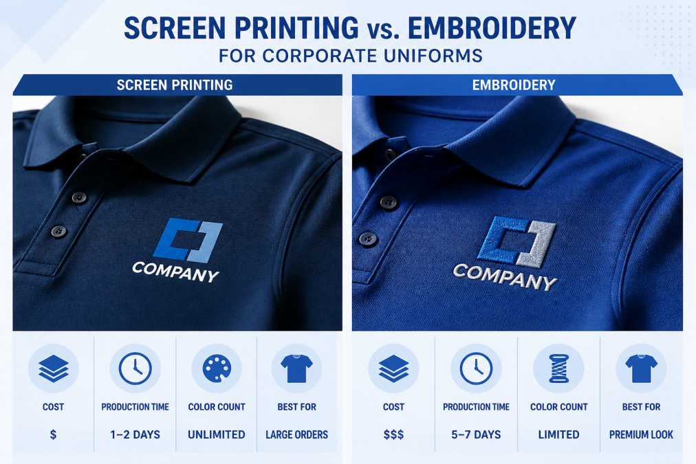 Close-up of two corporate polo shirts displayed side-by-side on a white surface, one featuring a screen-printed logo with crisp lines and one with an embroidered logo showing dimensional texture and raised detail, photographed in natural window lighting