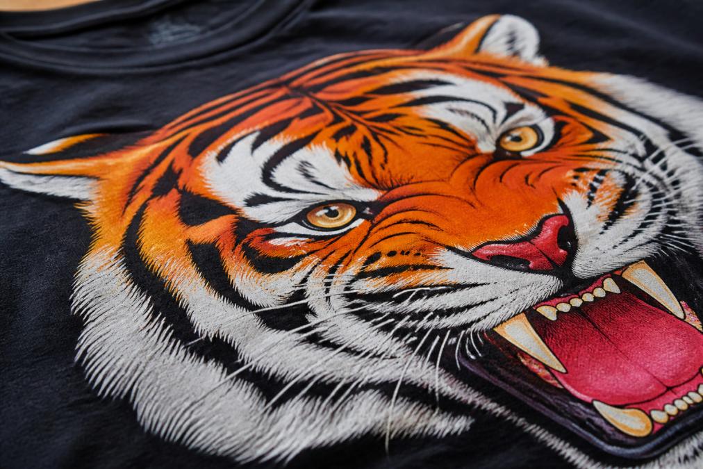 Close-up of a professionally printed t-shirt showing crisp, vibrant color detail with sharp edges and rich ink saturation under natural lighting