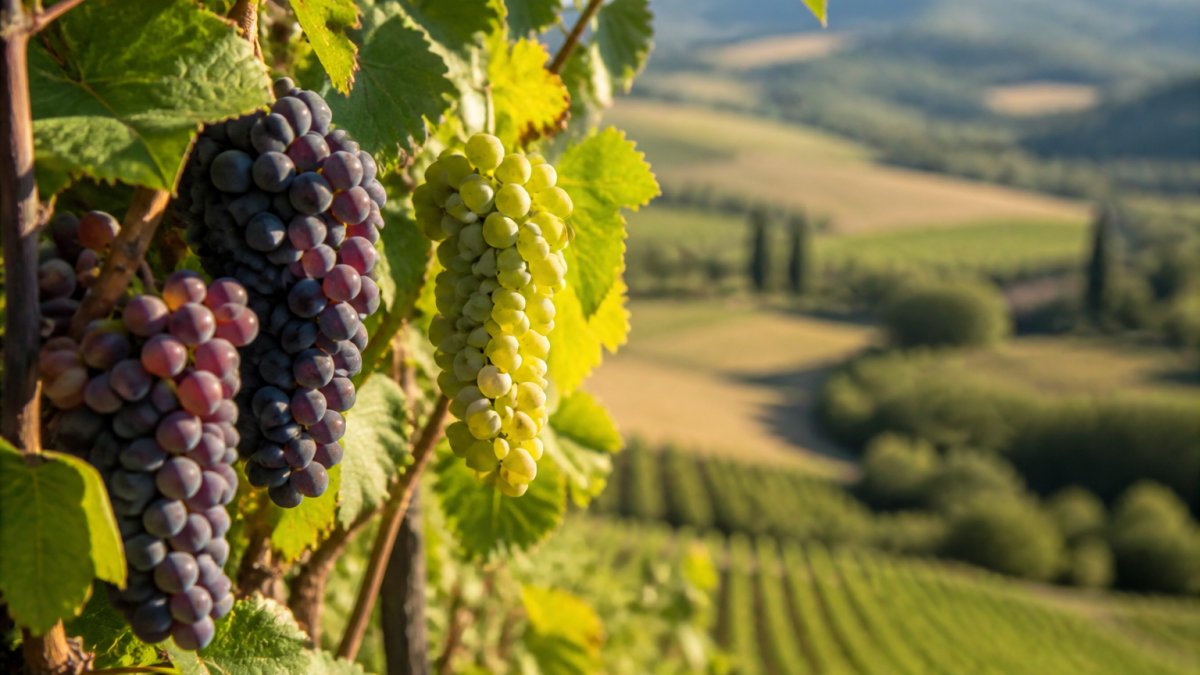Close-up of Italian wine grapes in various stages of ripeness, deep burgundy and pale green clusters, hanging on the vine in afternoon sunlight, with rolling Tuscan hills visible in the soft-focused background