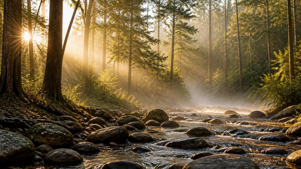 Understand Spiritual Meaning of Symbols in Daily Life 1 Golden sunlight filters through tall forest trees over a calm, misty stream flowing across smooth river stones.