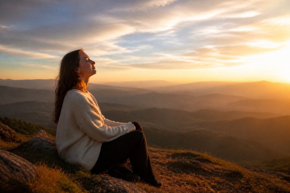 A person sitting peacefully on a hillside at sunset, hands resting gently on their lap, face lifted toward golden light with expression of peace and inner calm, soft natural light suggesting hope and spiritual renewal