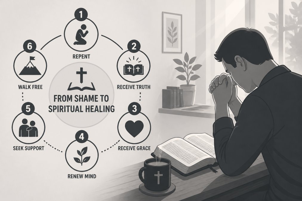 Hands holding an open Bible with a warm cup of coffee nearby on a wooden table, person in prayer posture with head bowed in quiet devotion, warm indoor lighting from a window suggesting peaceful morning study and spiritual reflection