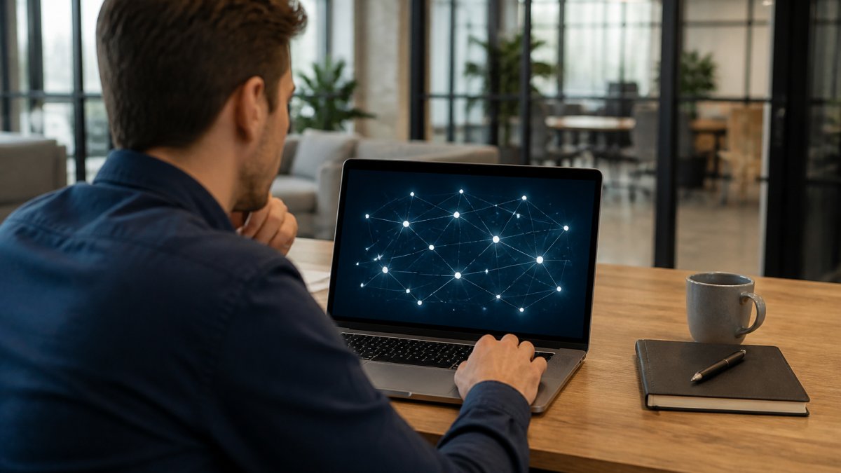 Professional analyzing interconnected network nodes on laptop screen in modern office environment with natural lighting, symbolizing distributed blockchain systems and peer-to-peer verification