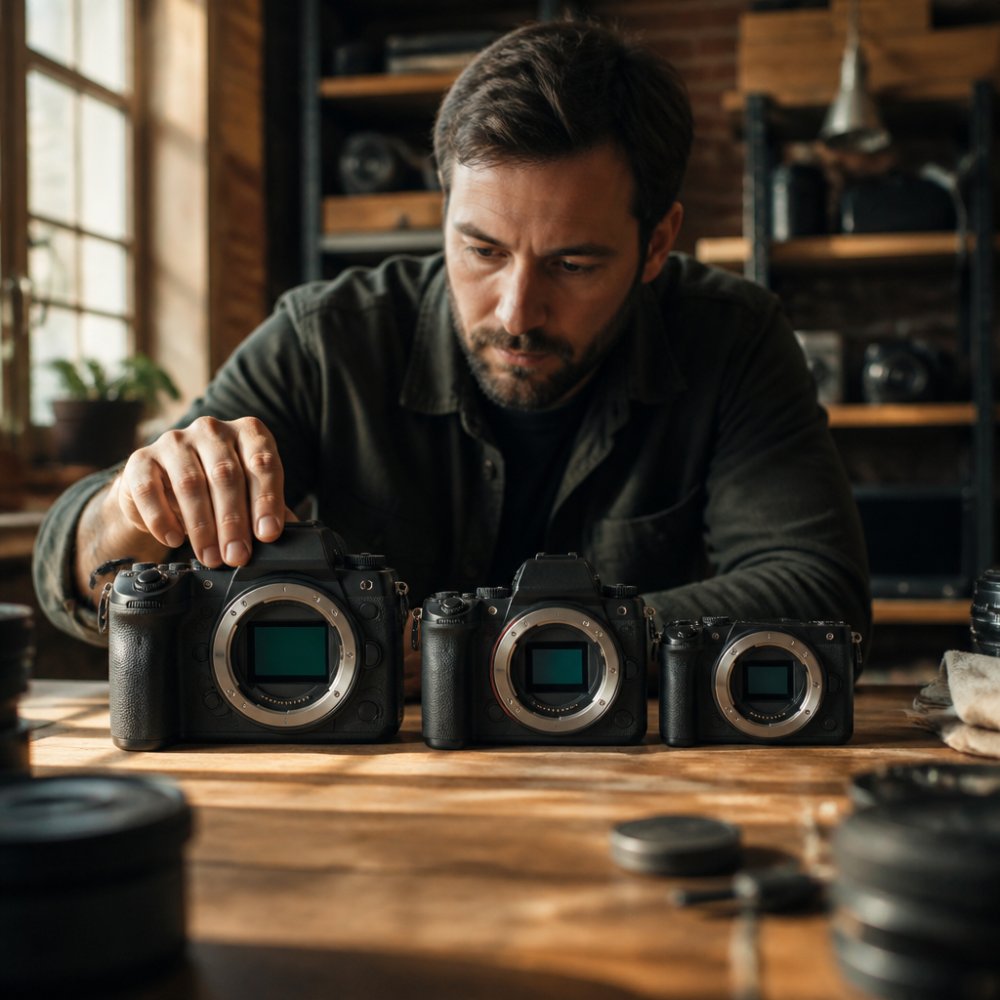 Diagram comparing camera sensor size variations across three different lens mounts on a wooden desk