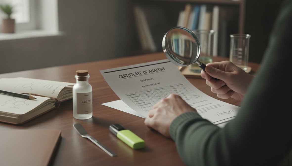 Close-up of hands holding a printed CBD Certificate of Analysis document with a magnifying glass, highlighting specific sections and data points on the lab report