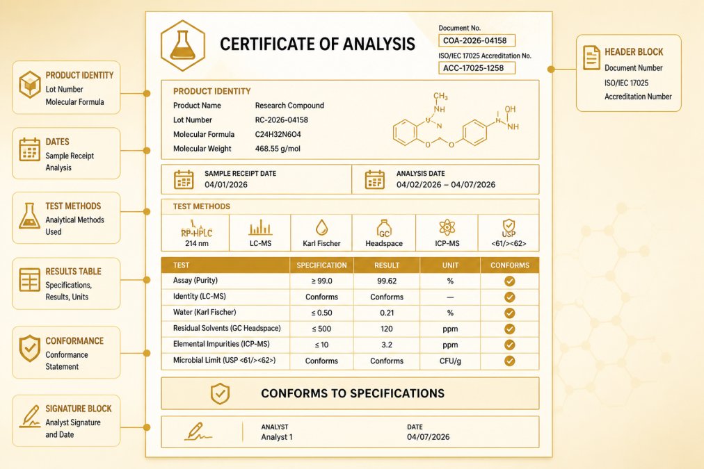 Understanding Certificates of Analysis: A 2026 Guide Annotated diagram of a sample certificate of analysis showing all key fields labeled: header block with document number and ISO/IEC 17025 accreditation number, product identity section with lot number and molecular formula, sample receipt and analysis dates, test methods column (RP-HPLC at 214 nm, LC-MS, Karl Fischer, GC headspace, ICP-MS, USP /), specifications and results table with units, conformance statement, and analyst signature block