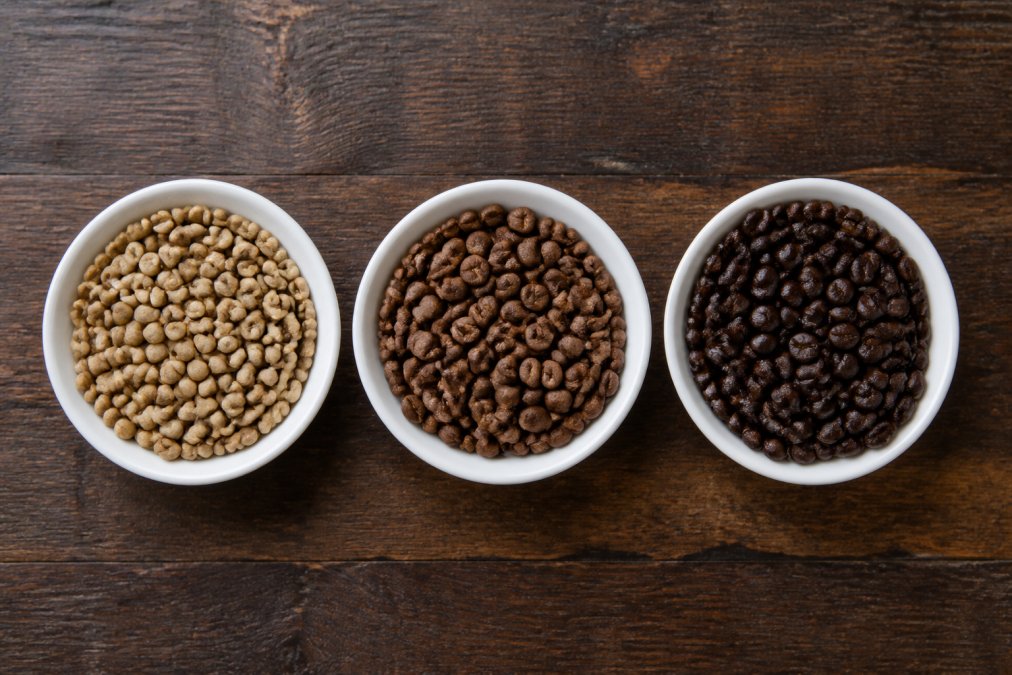Overhead shot of three small white bowls on a dark wooden table, each holding coffee beans of a different roast level: pale tan light roast on the left, medium brown in the center, and glossy dark roast on the right, with soft natural window light