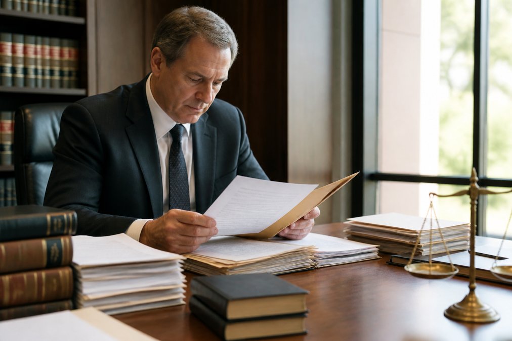 Criminal defense attorney in professional suit reviewing case files and legal documents at wooden desk in modern law office with natural lighting