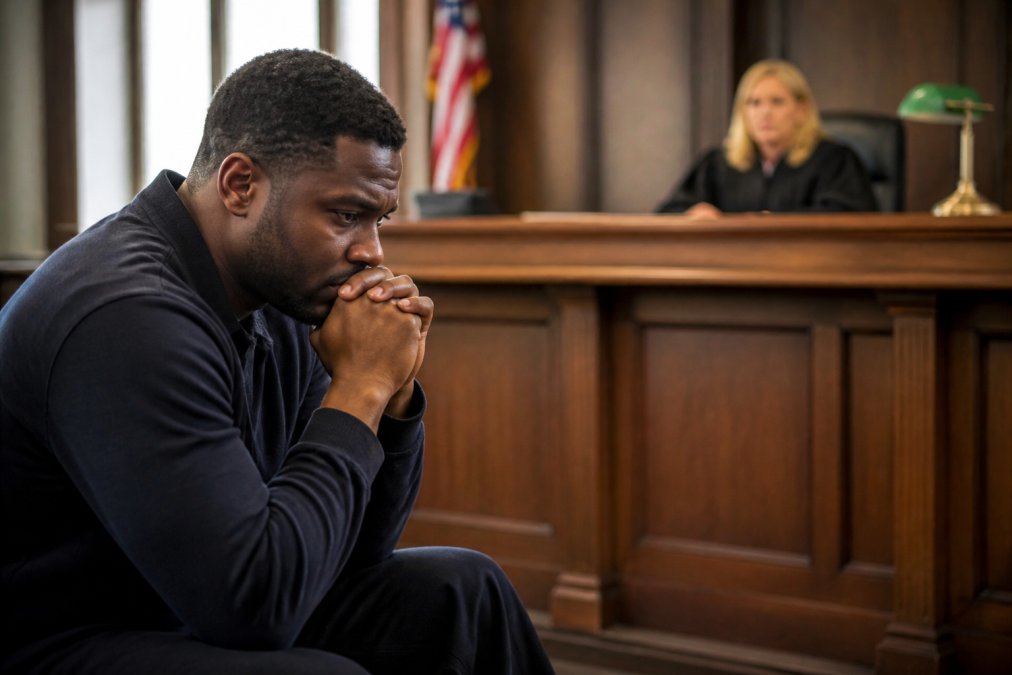 Person sitting in contemplative posture, looking concerned, with blurred courtroom interior and legal setting visible in background