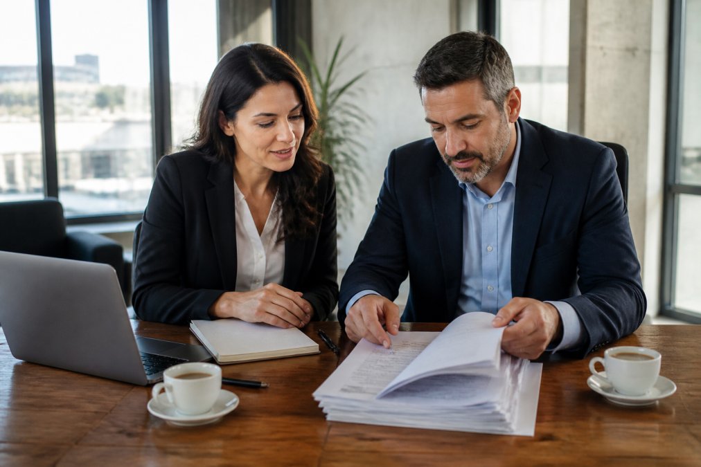 Business owner and consultant reviewing a commercial lease process checklist at a wooden conference table.