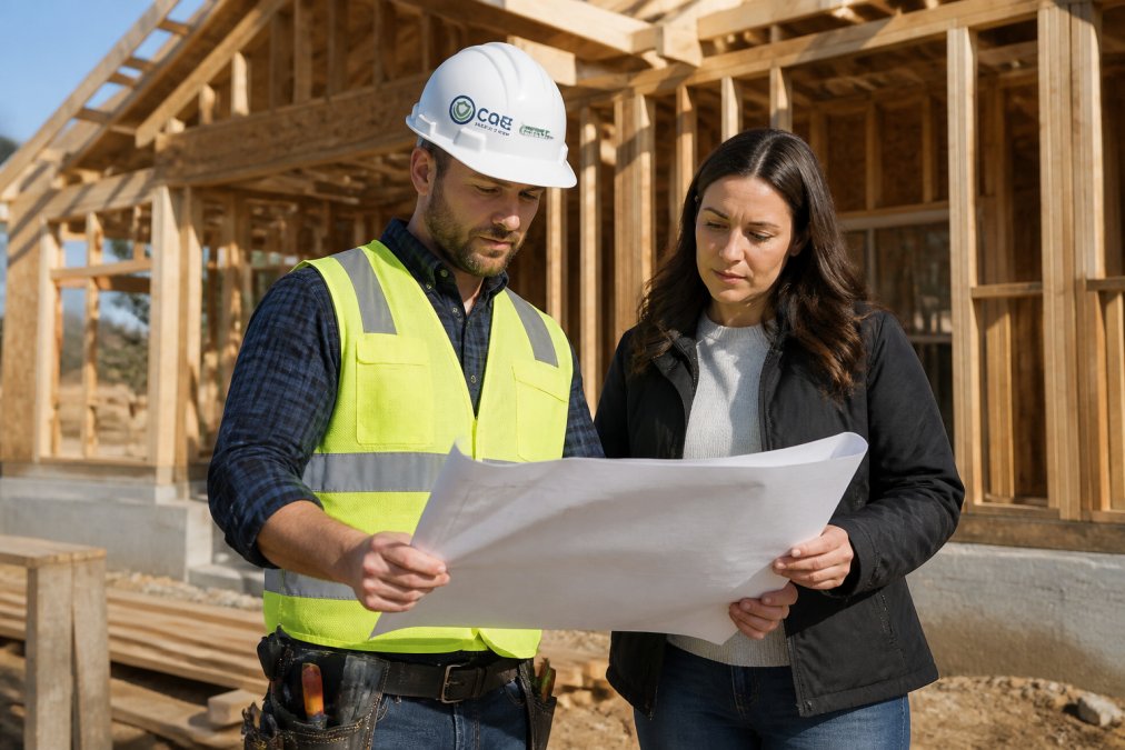 A contractor in a hard hat and safety vest reviewing blueprints with a client at a residential construction site, with a partially built wooden frame in the background