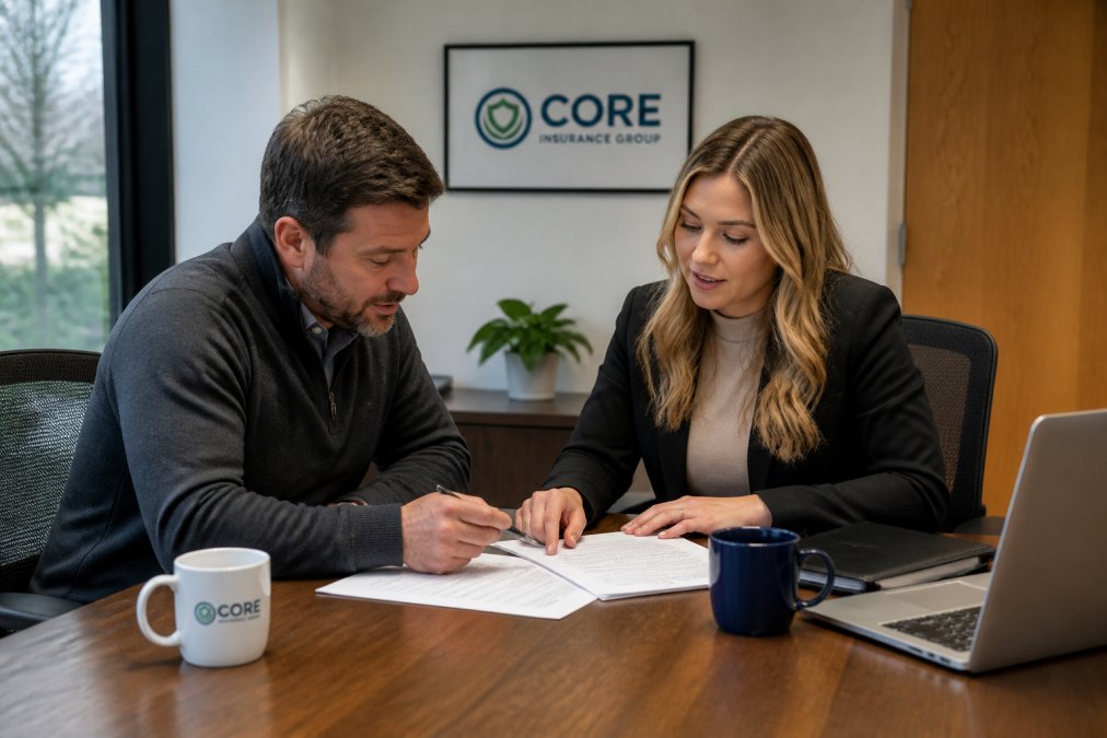 A small business owner and an insurance agent reviewing policy documents together at a desk, with a laptop and coffee cups nearby, pointing at highlighted sections of a contract