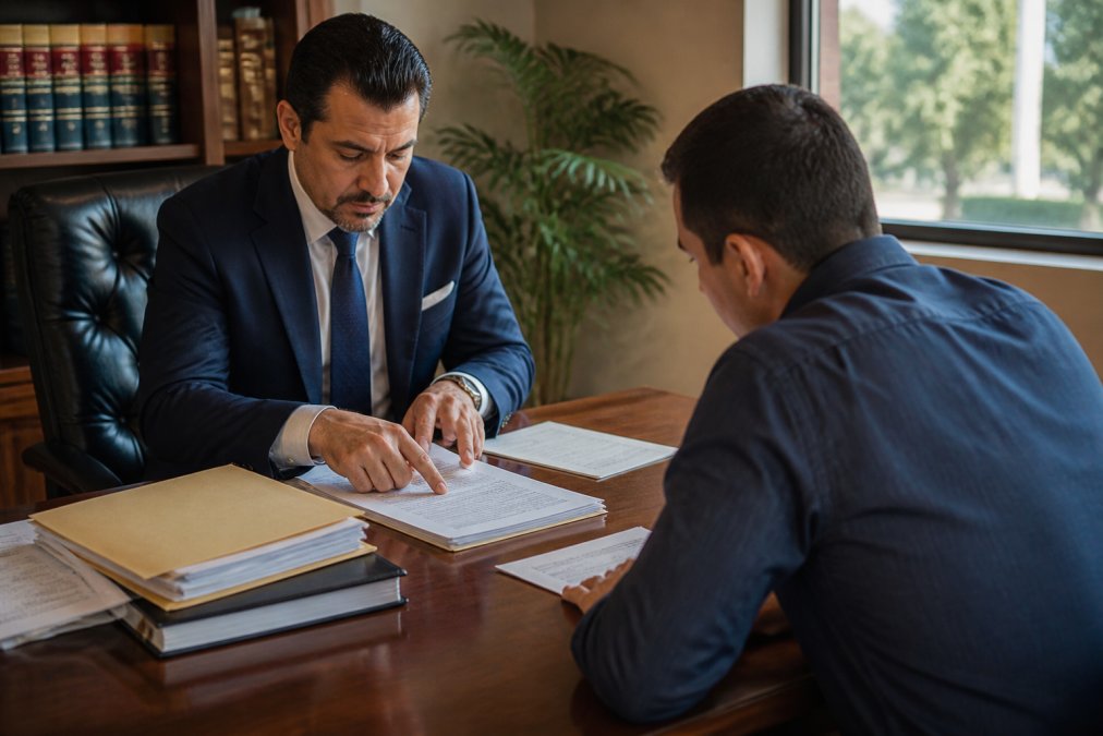 Criminal defense attorney meeting with client in law office, reviewing case documents and arrest paperwork on a desk with natural office lighting