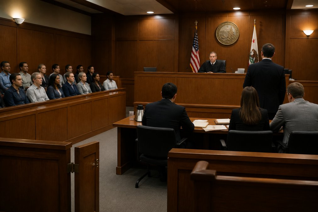Interior of a California courtroom with judge's bench elevated, jury box with wooden chairs, and attorneys' tables facing the bench, professional courtroom lighting