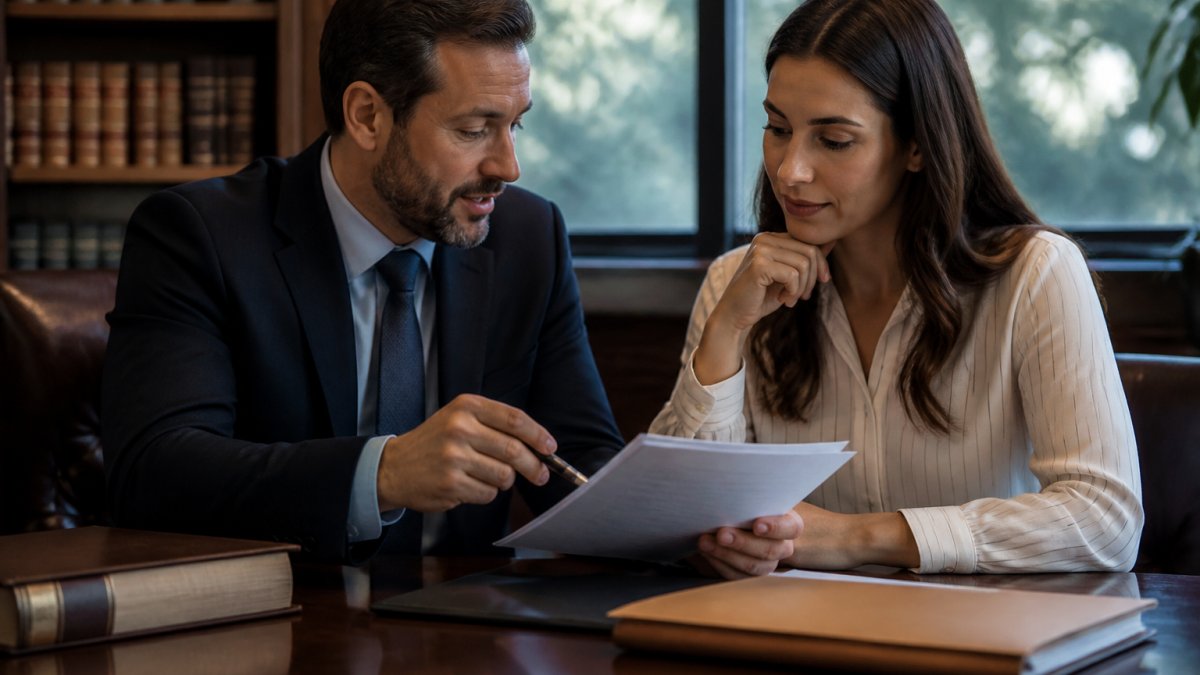Criminal defense attorney and client reviewing a fee agreement and criminal defense retainer at a law office desk.