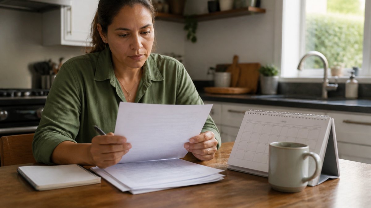 A person sitting at a kitchen table with a legal document, pen, and calendar, looking focused while reviewing paperwork