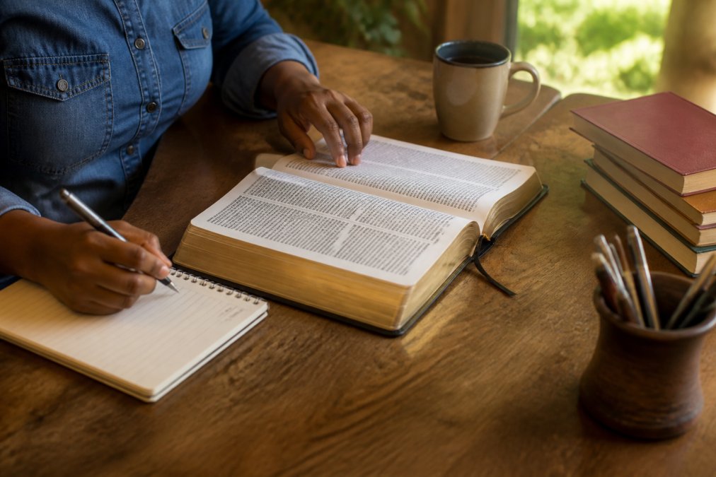 A person reading an open Bible with a notebook and pen on a wooden table, warm natural light, study materials spread out