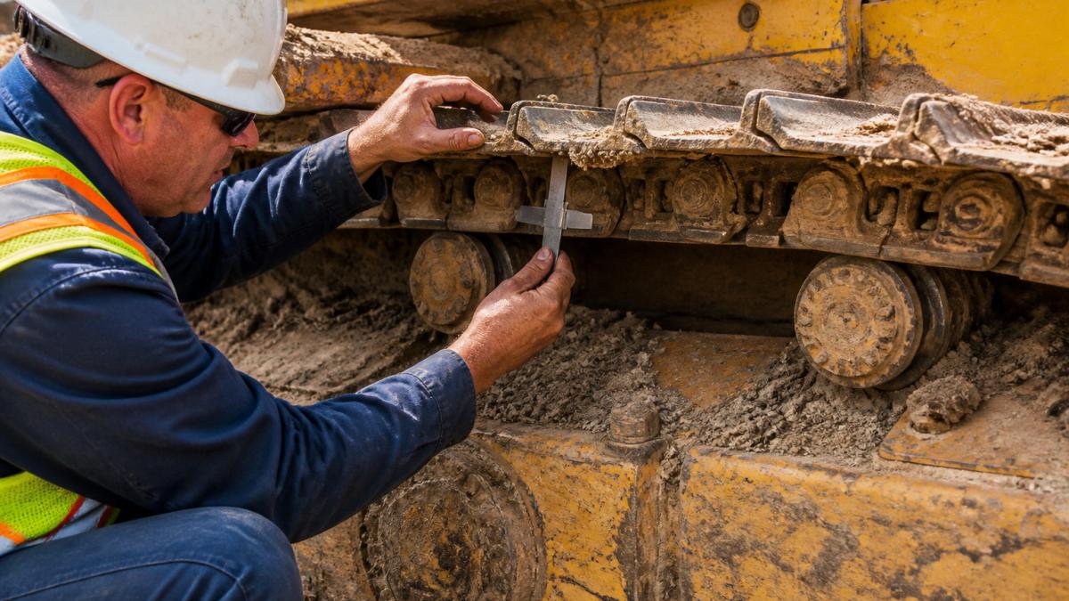 Close-up photograph of a heavy equipment inspector measuring bulldozer track link height with a gauge, dirt and wear visible on the undercarriage components in natural daylight