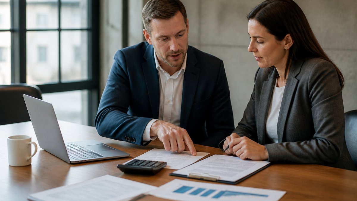 Two business professionals reviewing financial documents and purchase agreement at conference table with laptop and calculator visible, natural office lighting
