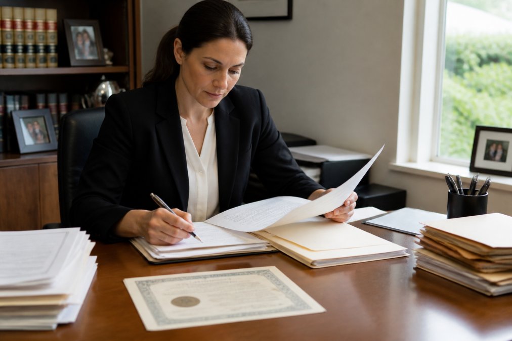 Real estate professional reviewing escrow documents and trust paperwork at a desk with organized files, property deed visible, natural office lighting from nearby window