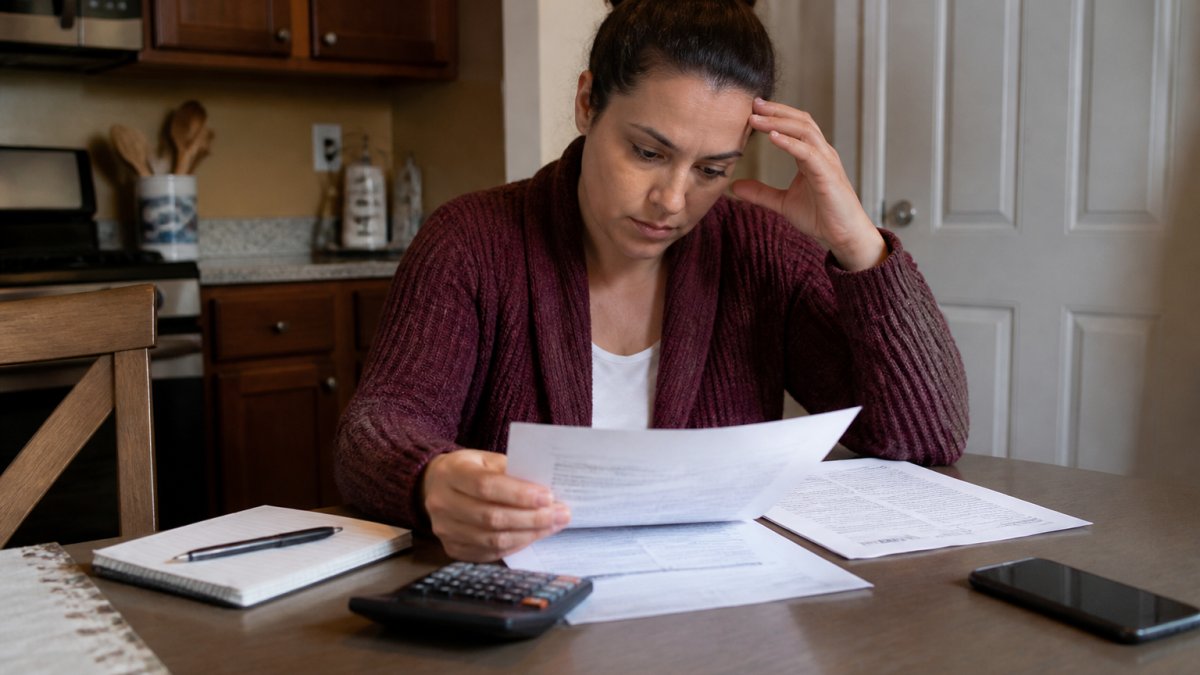 A person reviewing bail bond paperwork at a kitchen table, with a calculator, pen, and a phone nearby, looking focused and concerned